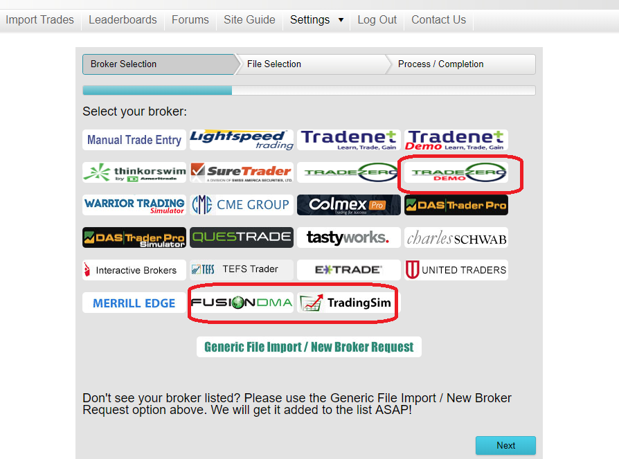 New Trade Imports for brokers FusionDMA, TradingSim.com, and TradeZero Demo Accounts