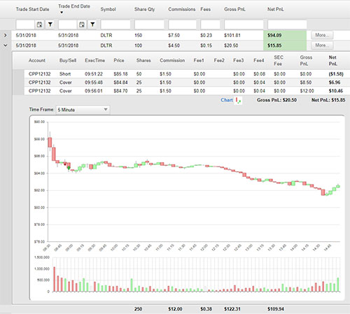 Day Trading Journal Trade Detail and Chart