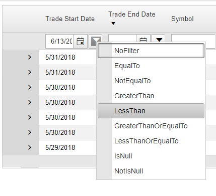 Trades Start Date Filter Less Than